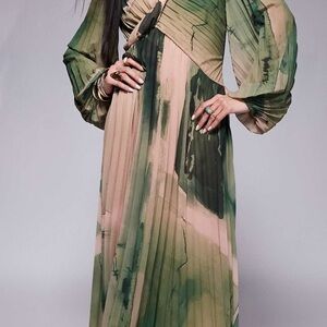 ASOS Elegant Long Sleeve Green and Beige Dress